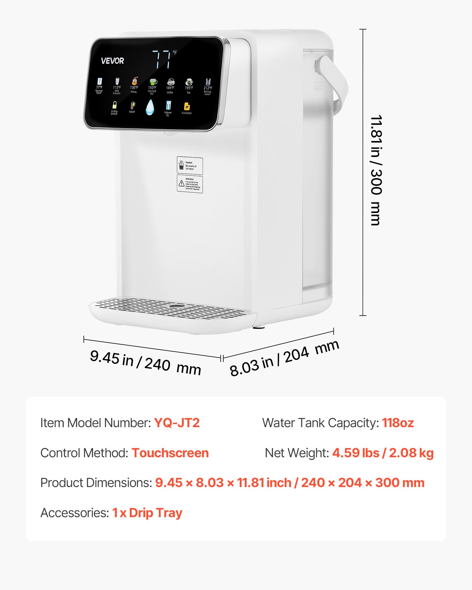 VEVOR Instant Hot Water Dispenser, Countertop Boiling Water Dispenser with Adjustable 7 Temperatures & 7 Water Volumes, 118oz Re